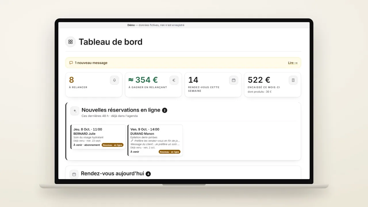 Tableau de bord du logiciel : clientes à relancer, rendez-vous de la semaine et nouvelles réservations en ligne