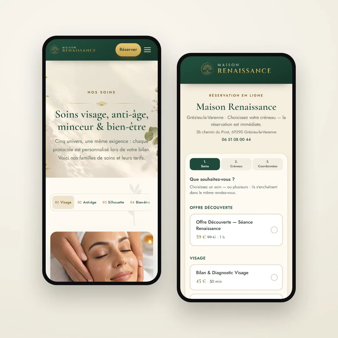 La page des soins et la page de réservation en ligne de l’institut Maison Renaissance sur téléphone