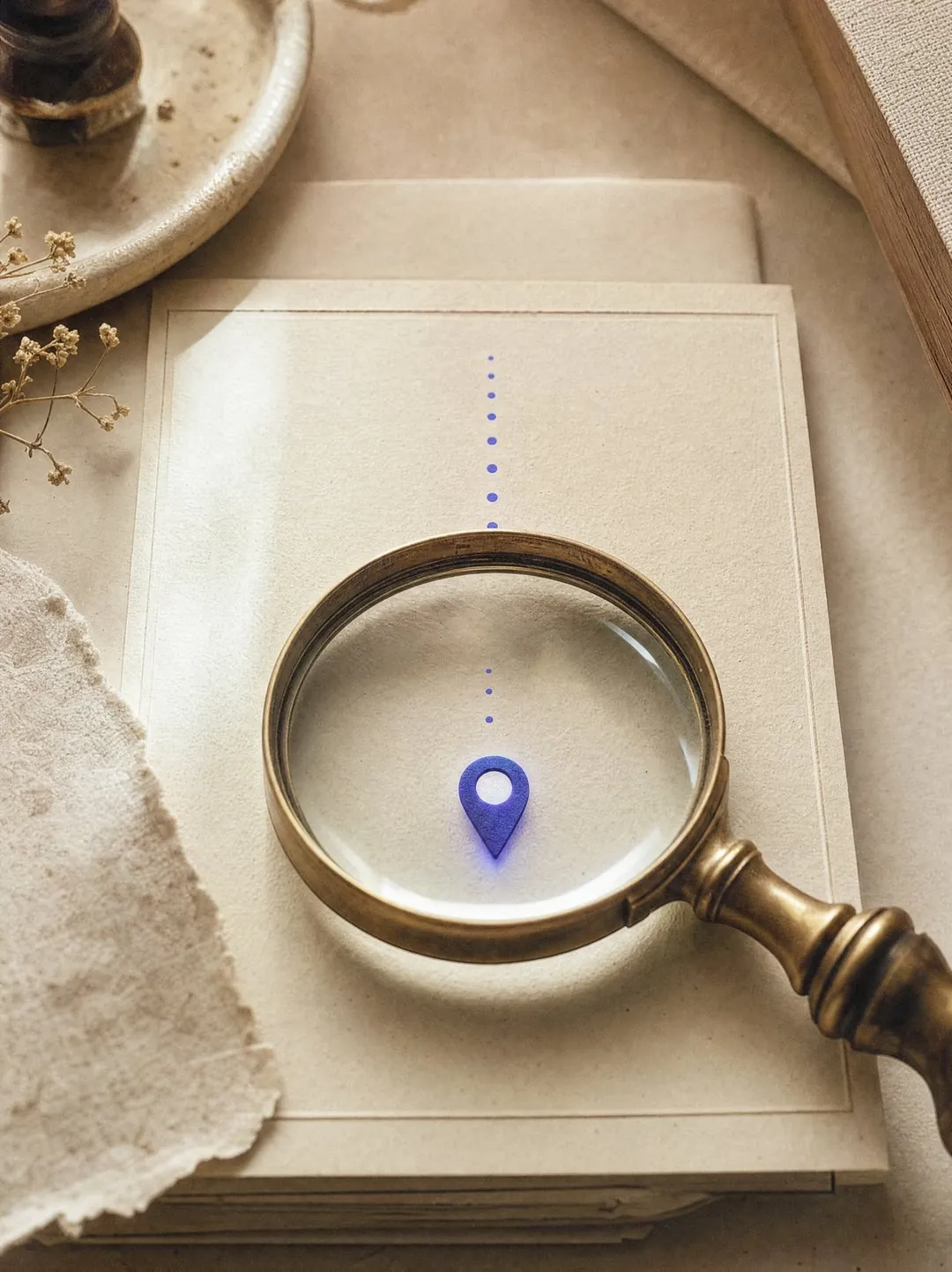 Une loupe en laiton révélant un repère de localisation indigo